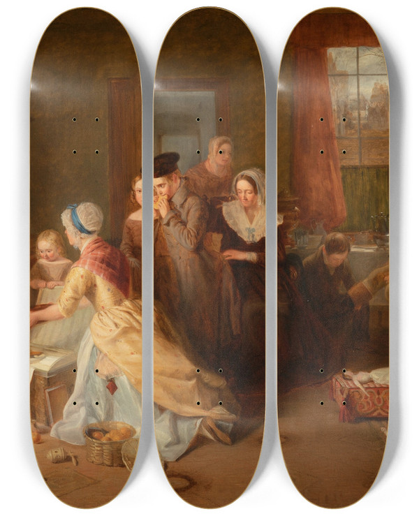 Triptych art skateboard deck of Thomas Webster Going To School by Thomas Webster (1800-1886)
