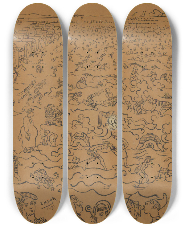 Triptych art skateboard deck of James Ensor De Baden Van Oostende by James Ensor (1860-1949)