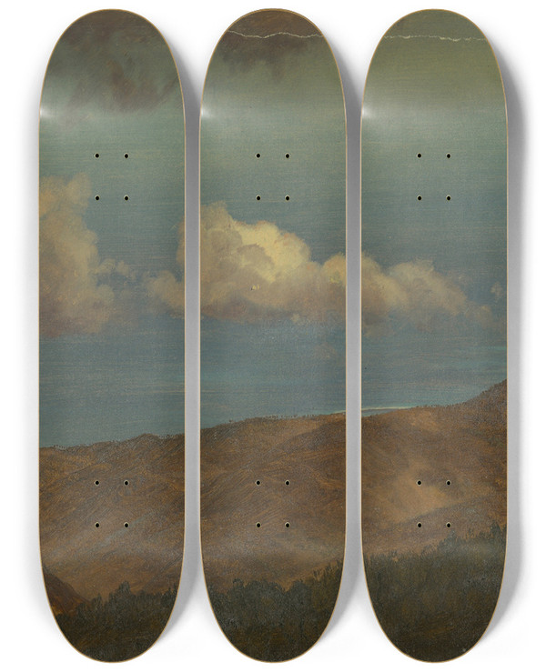 Triptych art skateboard deck of Frederic Edwin Church Hilly Landscape_2 by Frederic Edwin Church (1826-1900)
