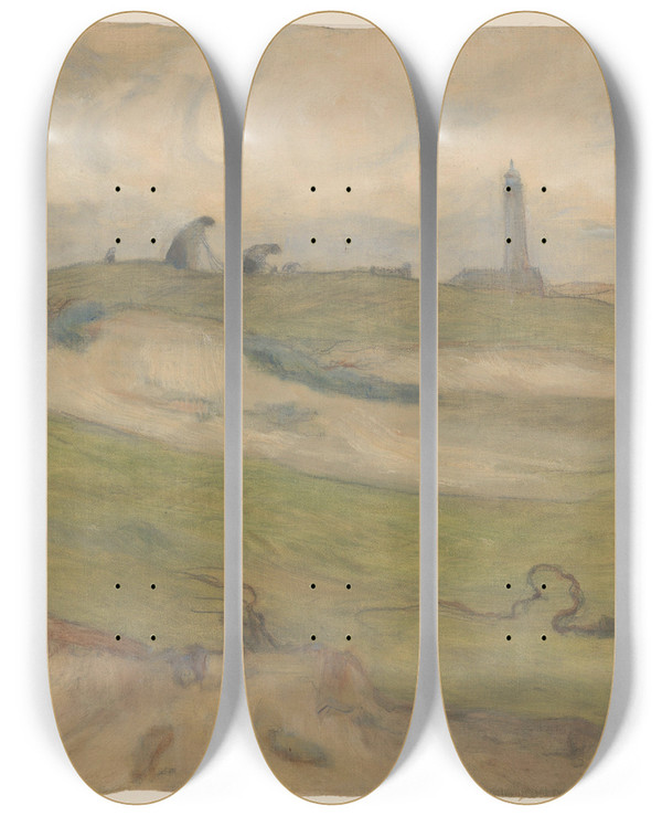 Triptych art skateboard deck of Frans Smissaert Duinlandschap Met Vuurtoren En Nettenboeters by Frans Smissaert (1862-1944)