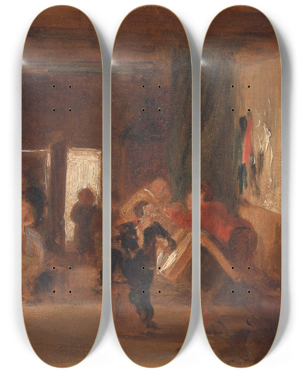 Triptych art skateboard deck of Thomas Webster A Study Of The Schoolroom by Thomas Webster (1800-1886)