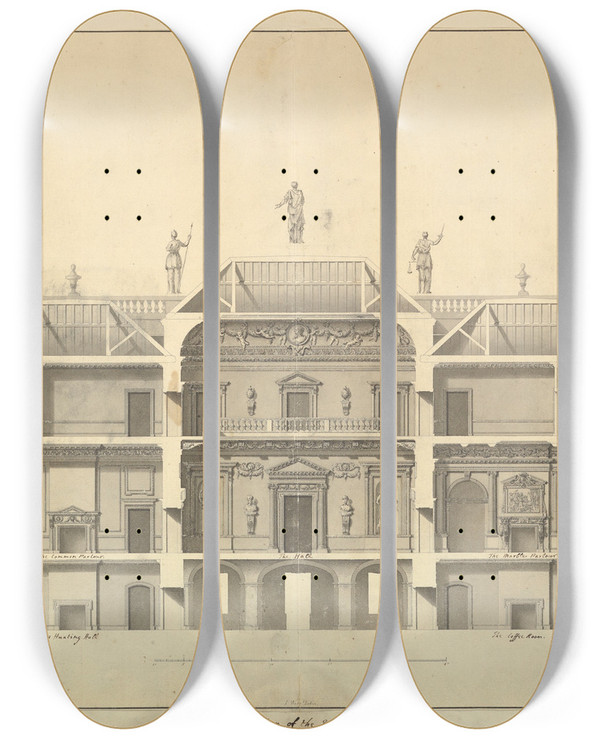 Triptych art skateboard deck of Isaac Ware Section Of The East Front Houghton Hall Norfolk by Isaac Ware (1704-1766)