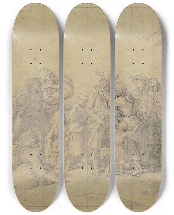Triptych art skateboard deck of Jakob Becker Excited Group by Jakob Becker (1810-1872)