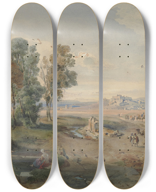 Triptych art skateboard deck of Carl Rottmann Athens Seen From The Well_1 by Carl Rottmann (1797-1850)