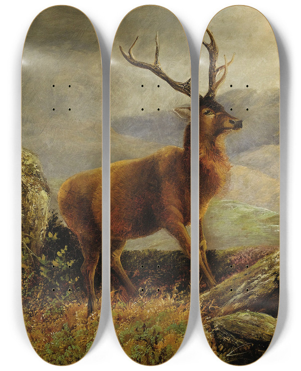 Triptych art skateboard deck of Henery Morris Stag At Mountain Stream by Henery Morris (19-)