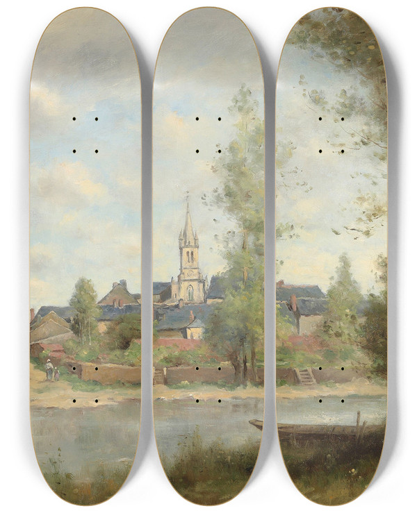 Triptych art skateboard deck of Paul Dsir Trouillebert Vue De La Flche by Paul Desire Trouillebert (1829-1900)