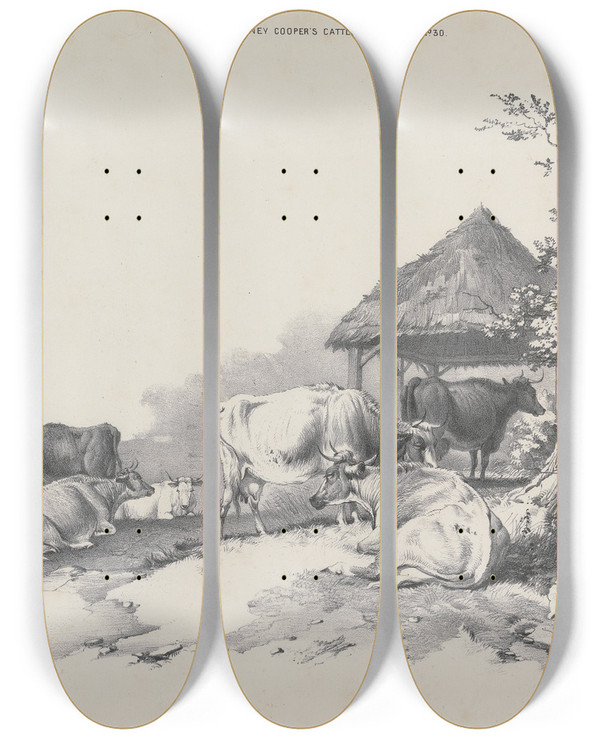 Triptych art skateboard deck of Thomas Sidney Cooper Thomas Sydney Coopers Cattle Subjects Pl30 by Thomas Sidney Cooper (1803-1902)