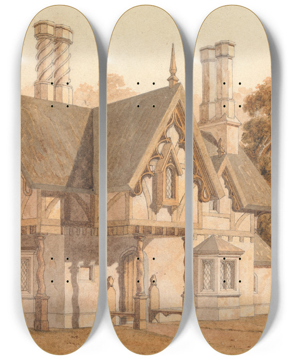 Triptych art skateboard deck of George Pyne Design For Gameskeepers Cottage by George Pyne (1800-1884)