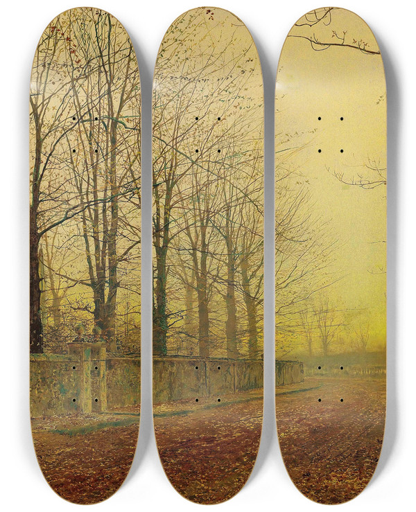 Triptych art skateboard deck of John Atkinson Grimshaw Autumn Glory by John Atkinson Grimshaw (1836-1893)