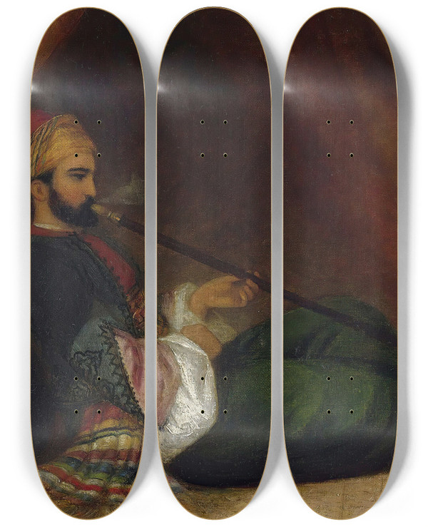 Triptych art skateboard deck of Adelaide Claxton A Turk Smoking A Tchubuk by Adelaide Claxton (1841-1927)