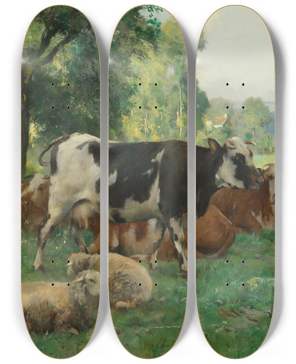 Triptych art skateboard deck of Julien Dupr Dans Un Pturage by Julien Dupre (1851-1910)