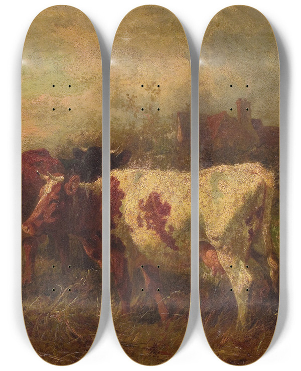 Triptych art skateboard deck of Charles Collins Cows At Pasture by Charles Collins (1680-1744)