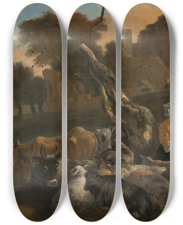 Triptych art skateboard deck of Jan Baptist Weenix Landscape Withshepherdess by Jan Baptist Weenix (1621-1660)