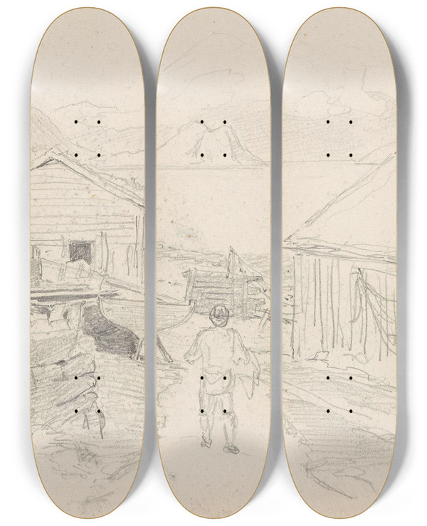 Triptych art skateboard deck of Hans Gude Fra Veblungsnes by Hans Gude (1825-1903)