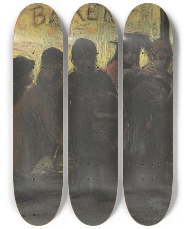Triptych art skateboard deck of George Luks Breadline by George Luks (1866-1933)