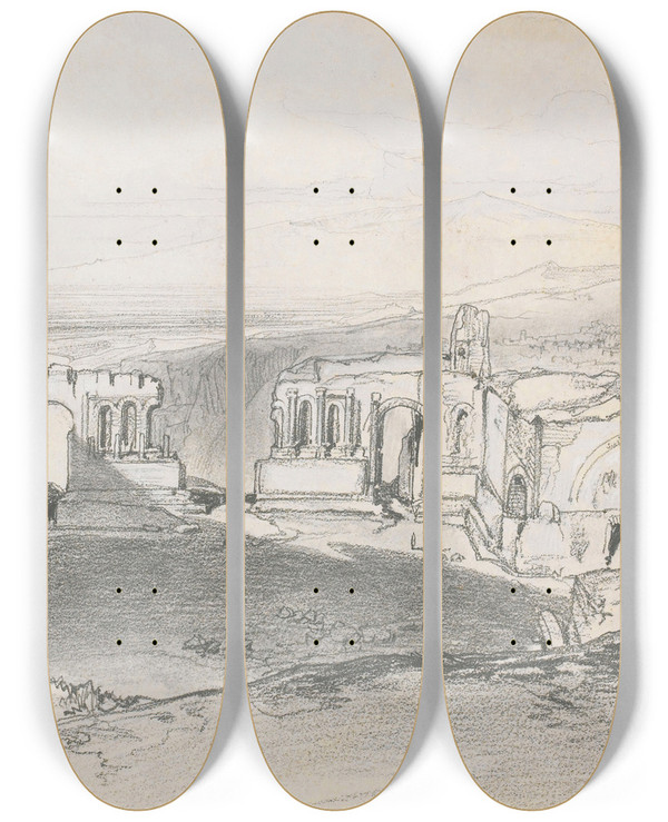 Triptych art skateboard deck of Edward Lear The Amphitheatre Taormina Sicily by Edward Lear (1812-1888)