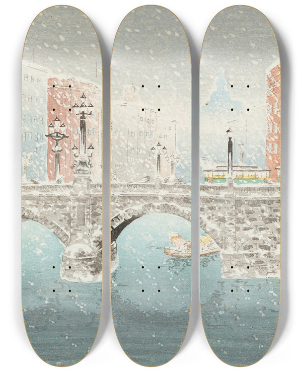 Triptych art skateboard deck of Bannai Kokan Yuki No Nihonbashi Nihonbashi Under Snow by Bannai Kokan (1900-1963)
