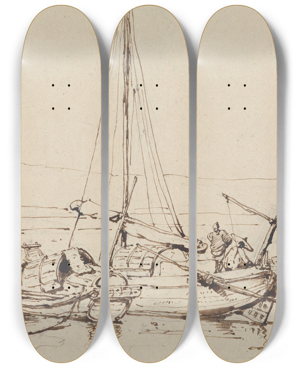 Triptych art skateboard deck of George Chinnery Chinese Boats by George Chinnery (1774-1852)