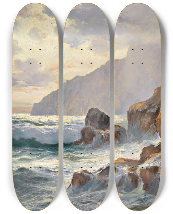 Triptych art skateboard deck of Constantin Westchiloff The Rocky Coast by Constantin Westchiloff (1877-1945)