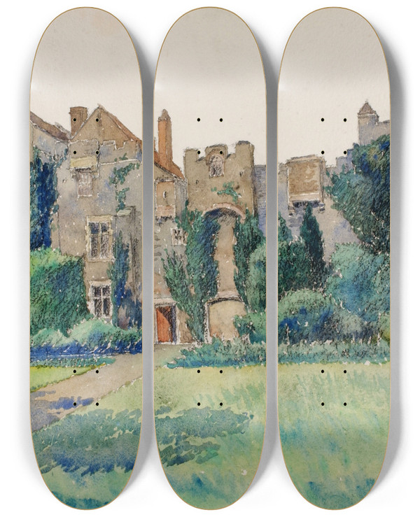Triptych art skateboard deck of Cass Gilbert Compton Castle Devonshire England by Cass Gilbert (1859-1934)