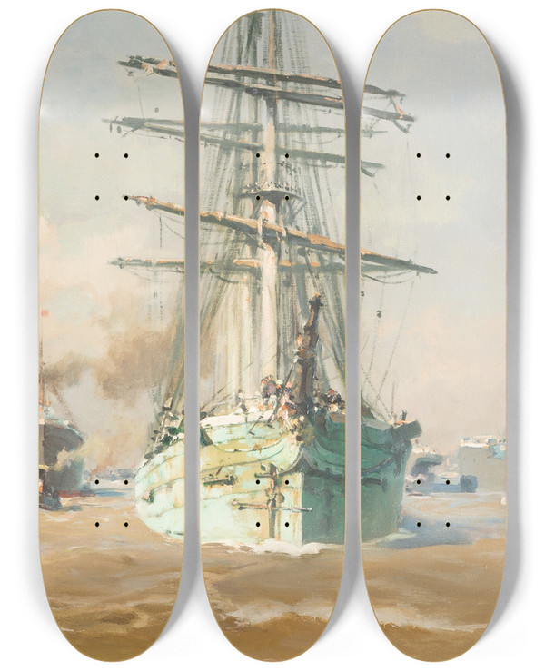 Triptych art skateboard deck of Erich Kips Ships In Hamburg by Erich Kips (1869-1945)