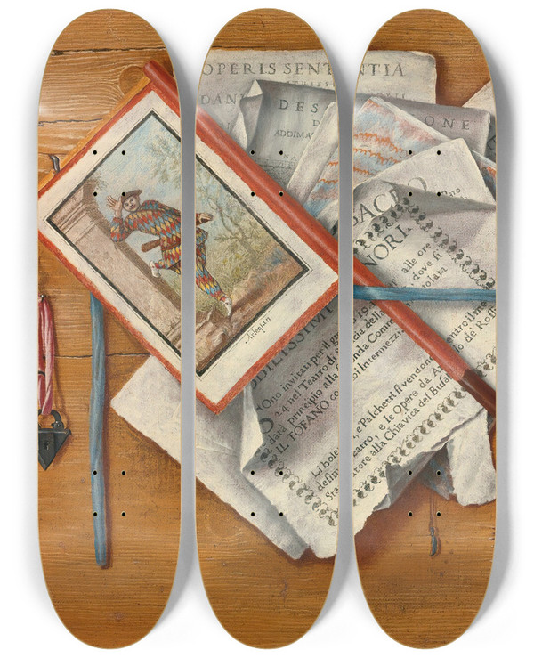 Triptych art skateboard deck of Antonio Cioci Trompe Loeil Still Life With Letters And Other Objects On A Board by Antonio Cioci (1722-1792)