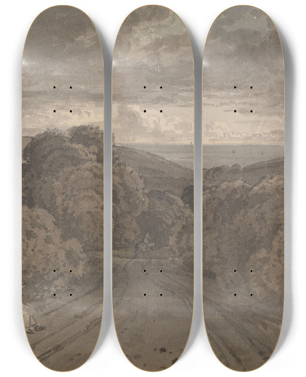 Triptych art skateboard deck of George Barret Jr Approach To Hastings by George Barret Jr (1767-1842)