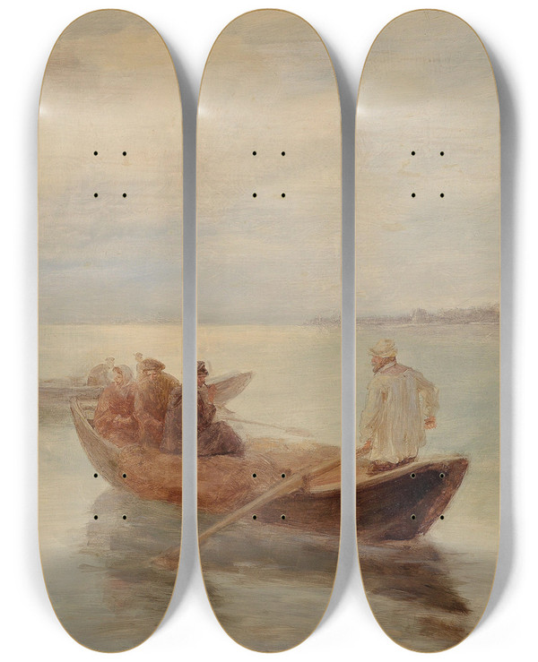 Triptych art skateboard deck of Joseph Wopfner Ausfahrt Der Fischer by Joseph Wopfner (1843-1927)