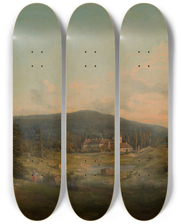 Triptych art skateboard deck of Feliks Brzozowski Mountain Landscape With Church And Monastery by Feliks Brzozowski (1836-1892)