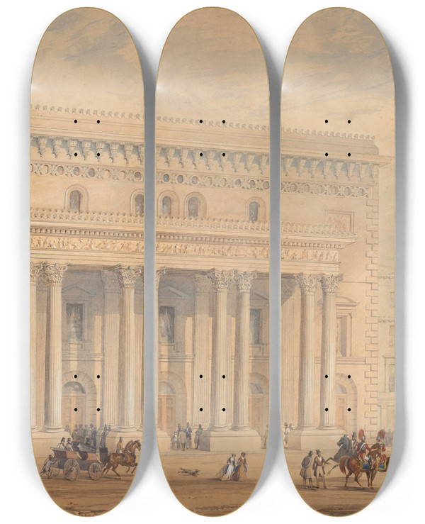 Triptych art skateboard deck of George Sidney Shepherd The Haymarket Theatre by George Sidney Shepherd (1784-1862)