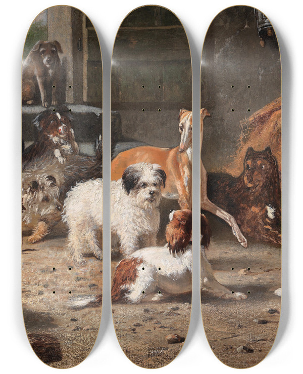 Triptych art skateboard deck of Bernard Te Gempt Hundeleben by Bernard Te Gempt (1826-1879)