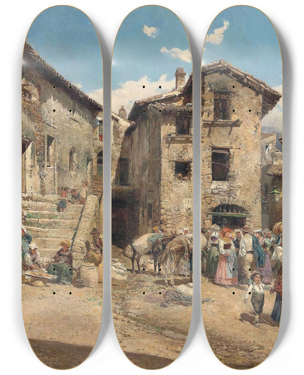 Triptych art skateboard deck of Mariano Barbasn Market Day by Mariano Barbasan (1864-1924)