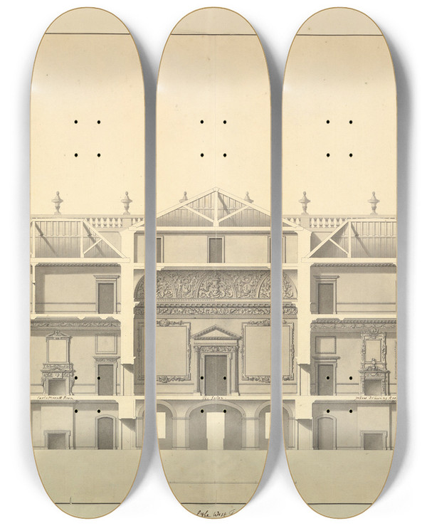 Triptych art skateboard deck of Isaac Ware Section Of The West Front Houghton Hall Norfolk by Isaac Ware (1704-1766)