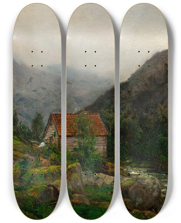 Triptych art skateboard deck of Amaldus Nielsen Regnstemning Rosendal by Amaldus Nielsen (1838-1932)