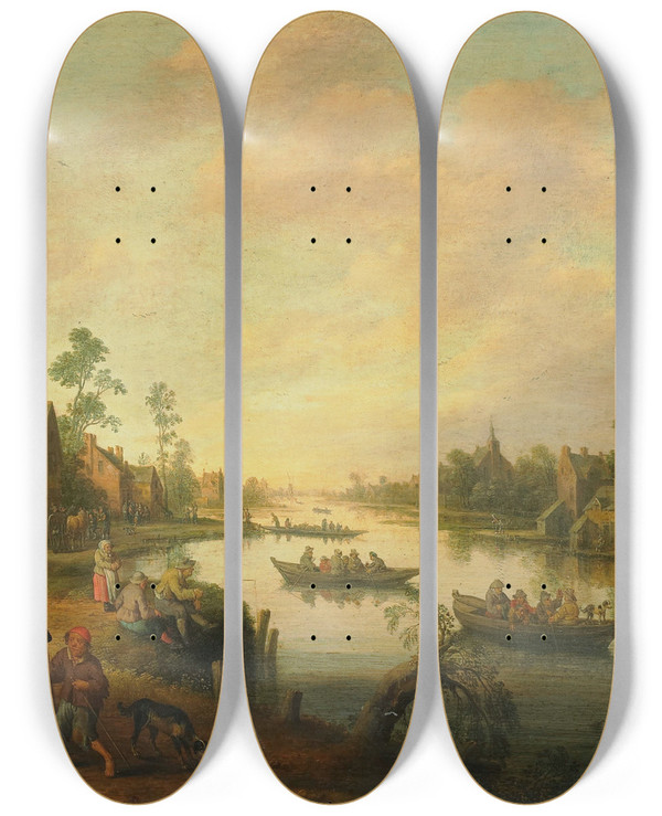 Triptych art skateboard deck of Joost Cornelisz Droochsloot River View by Joost Cornelisz Droochsloot (1586-1666)