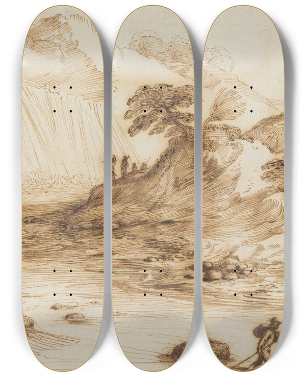 Triptych art skateboard deck of Guercino Landscape With A Waterfall by Guercino (1591-1666)