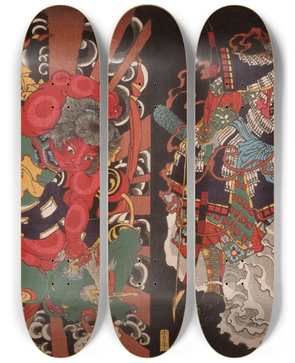 Triptych art skateboard deck of Tsukioka Yoshitoshi Warrior On Skull Kintoki Overpowering A Demon by Tsukioka Yoshitoshi (1839-1892)