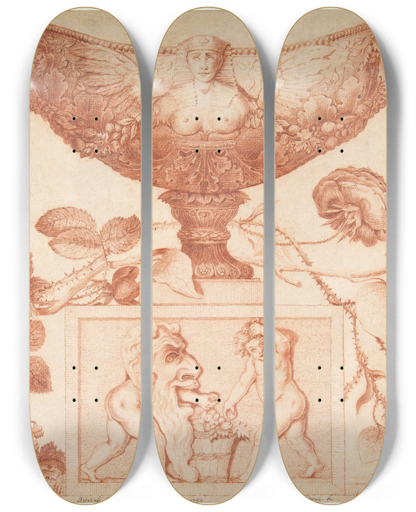 Triptych art skateboard deck of Aubert Henri Joseph Parent Wine Cooler Or Vase On A Classical Pedestal by Aubert Henri Joseph Parent (1753-1835)