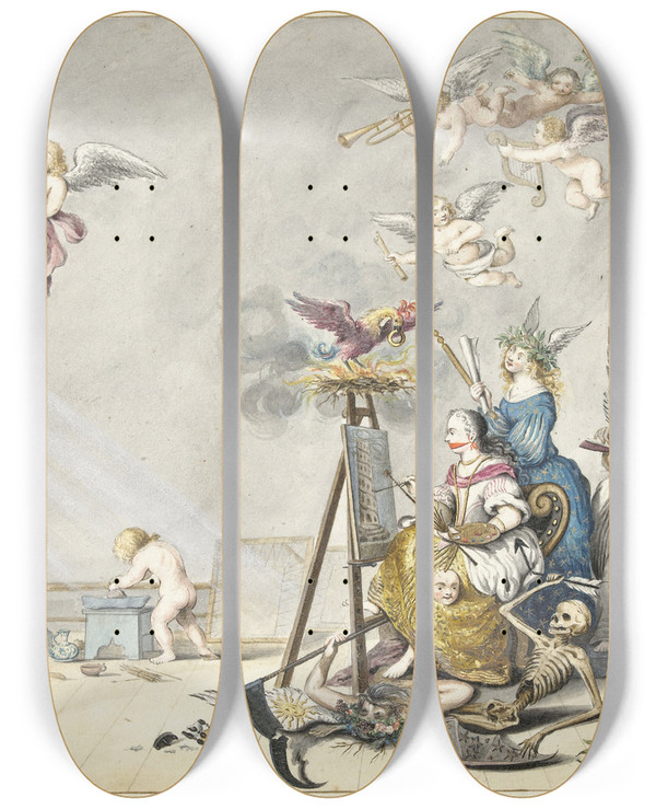 Triptych art skateboard deck of Gesina Ter Borch De Overwinning Van De Schilderkunst Over De Dood by Gesina Ter Borch (1633-1690)