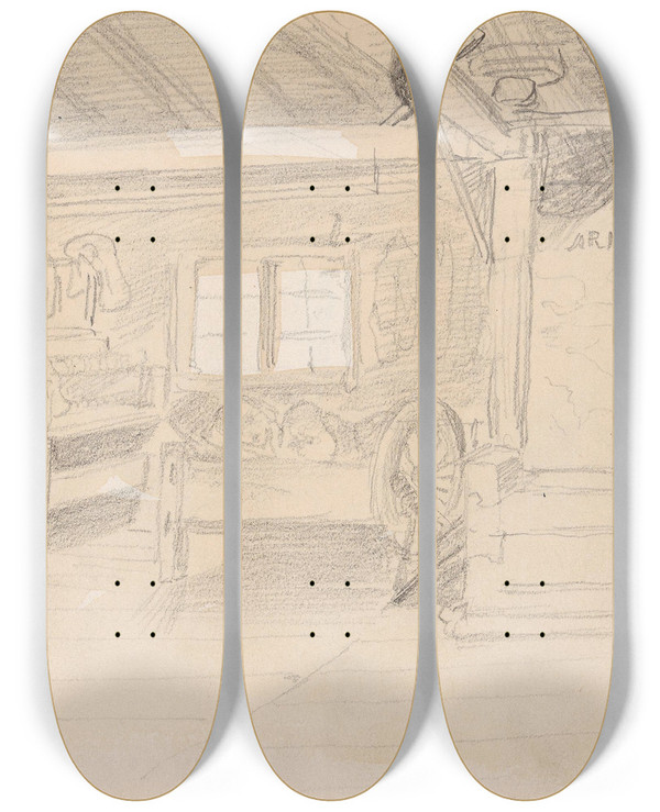 Triptych art skateboard deck of Adolph Tidemand Stueinterir Spttungen by Adolph Tidemand (1814-1876)