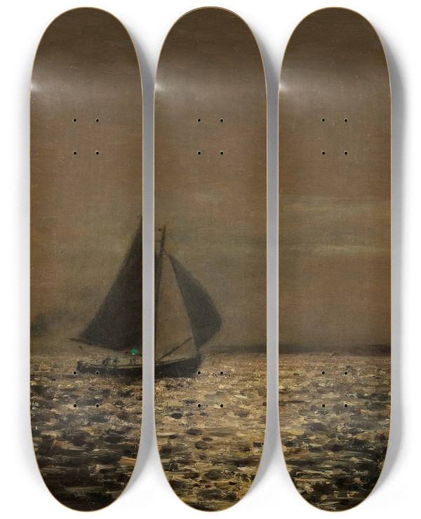 Triptych art skateboard deck of Amaldus Nielsen Nattstemning Hvaler by Amaldus Nielsen (1838-1932)