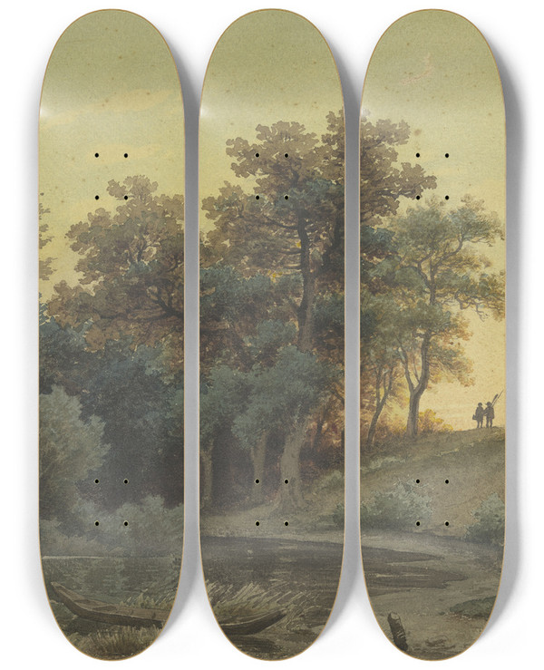 Triptych art skateboard deck of Jakob Maurer Waldrand Mit Flu Im Abendlicht by Jakob Maurer (1826-1887)