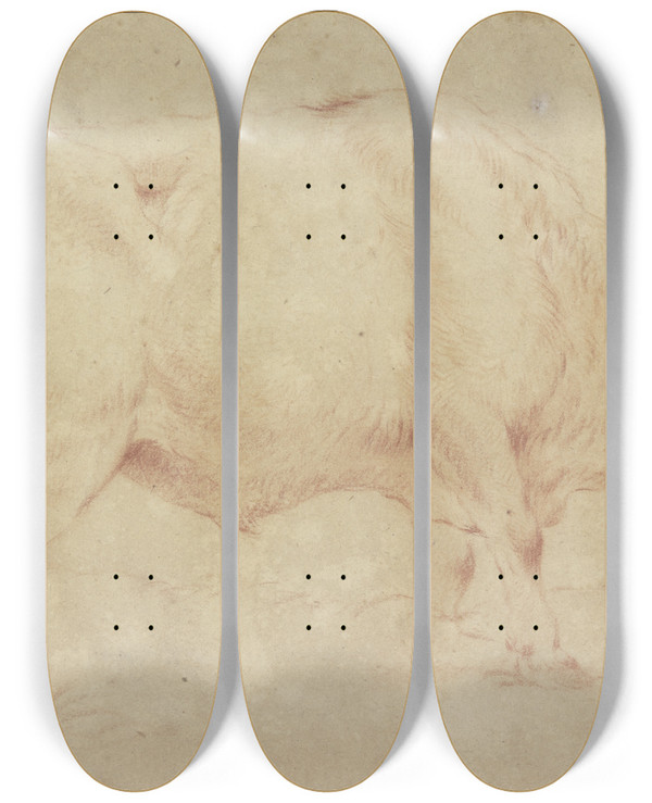 Triptych art skateboard deck of Johann Heinrich Roos Grasender Stier Nach Rechts by Johann Heinrich Roos (1631-1685)
