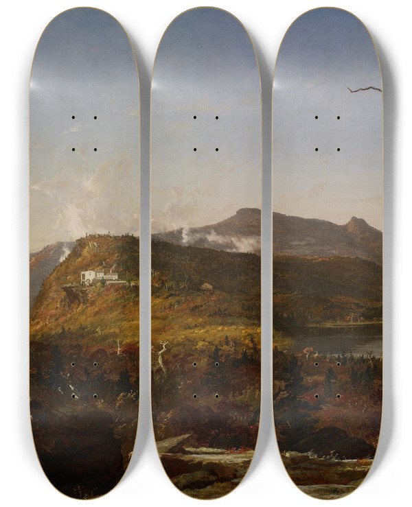 Triptych art skateboard deck of Jasper Francis Cropsey Catskill Mountain House by Jasper Francis Cropsey (1823-1900)