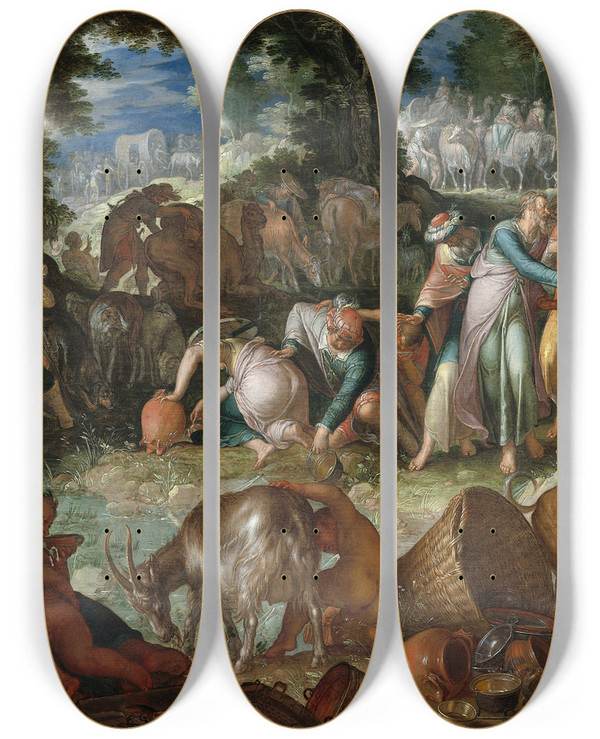 Triptych art skateboard deck of Joachim Wtewael Moses Striking The Rock by Joachim Wtewael (1566-1638)