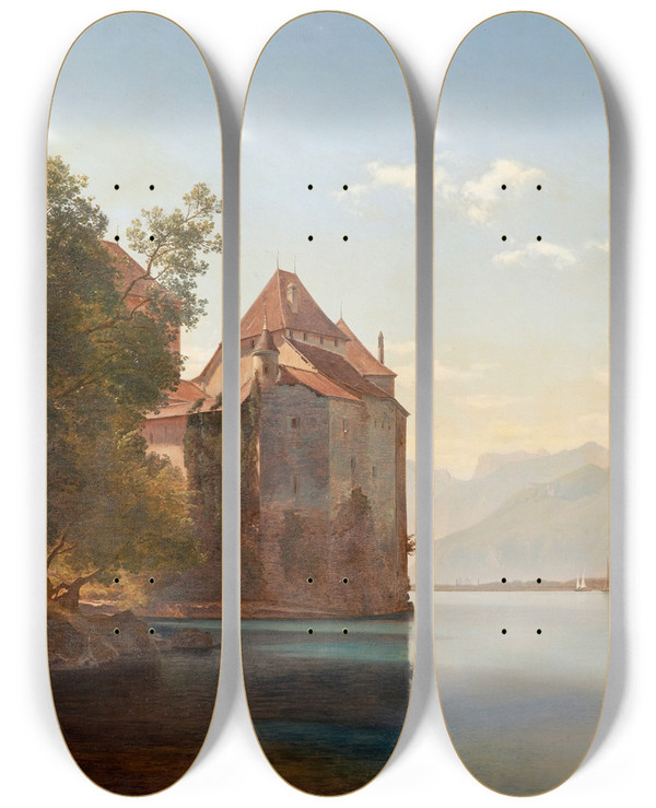 Triptych art skateboard deck of Janus La Cour Castle By Lake Geneva by Janus La Cour (1837-1909)