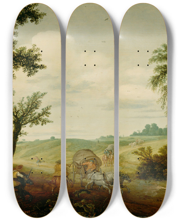 Triptych art skateboard deck of Esaias Van De Velde The Highway Robbery by Esaias van de Velde (1587-1630)