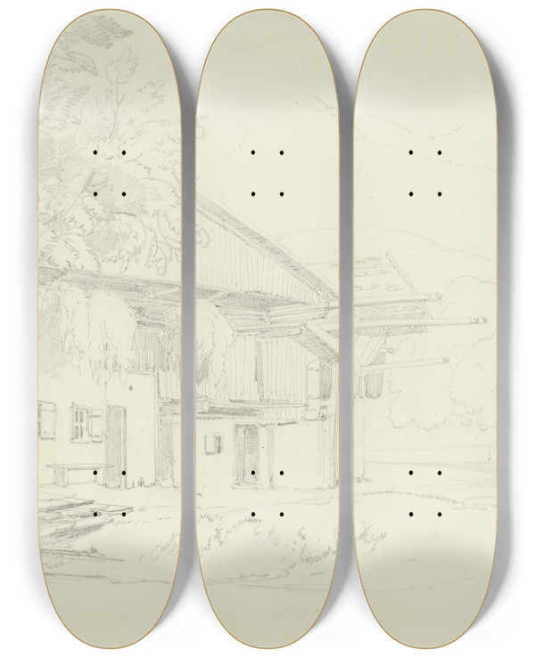 Triptych art skateboard deck of Fritz Bamberger Farmstead In Partenkirchen by Fritz Bamberger (1814-1873)