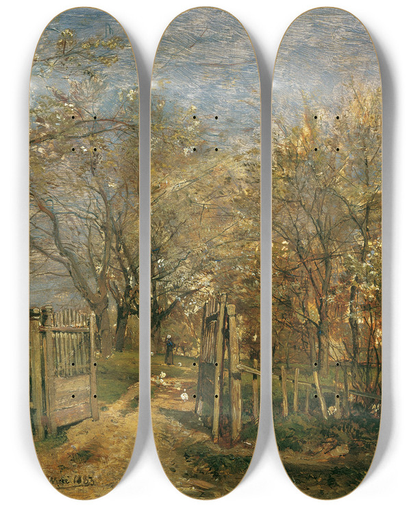 Triptych art skateboard deck of Emil Jakob Schindler Frhling In Hacking by Emil Jakob Schindler (1842-1892)