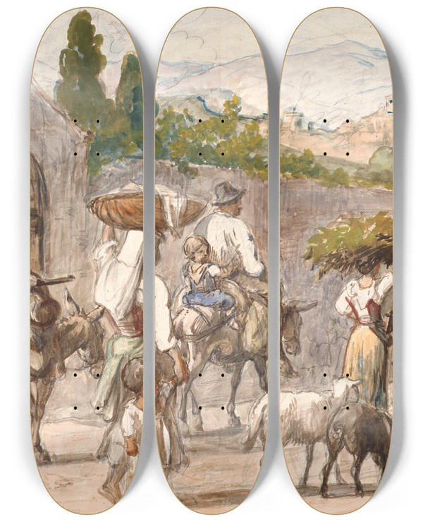 Triptych art skateboard deck of Wilhelm Marstrand Landboere P Vej Til Rom by Wilhelm Marstrand (1810-1873)